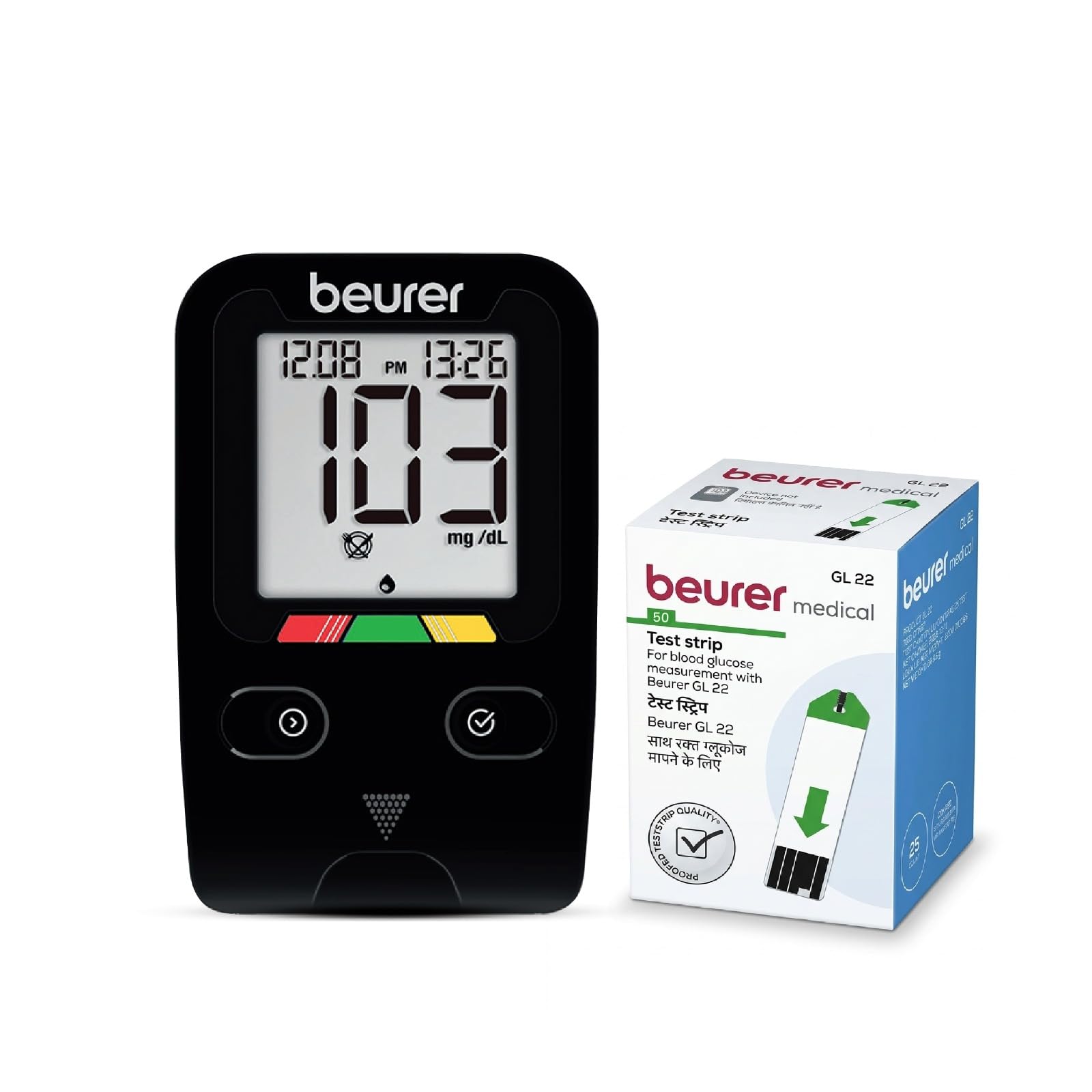 Beurer GL 22 Glucometer Kit with 10 Test Strips for Blood Sugar Monitoring